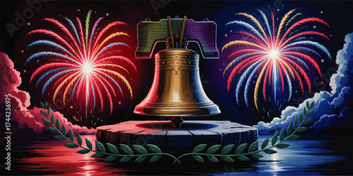 Vibrant Liberty Bell with Colorful Fireworks at Night, Patriotic Celebration, American Independence Festival Illustration