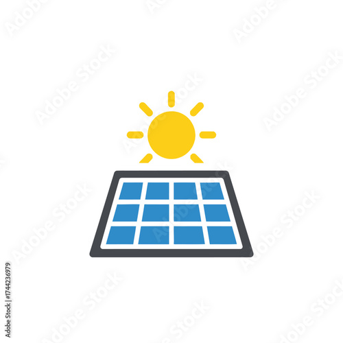 Solar panel and sun icon symbolizing a renewable, clean, and green energy source for environmental sustainability and eco-friendly technology