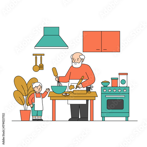 Grandfather and grandson baking cookies together in colorful kitchen  