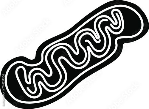 Vector art of a black and white illustration of a mitochondrion, , representing cellular energy and biological processes