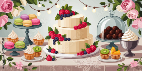 Elegant Dessert Table Illustration with Wedding Cake, Cupcakes, Macarons, Chocolates, and Fresh Berries in Floral Setting