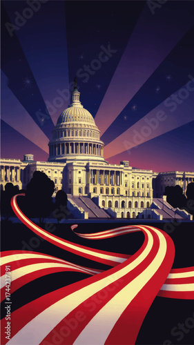 Vibrant Patriotic Illustration of US Capitol Building with Glowing American Flag Ribbons and Starry Night Sky for Democracy and Politics Concepts