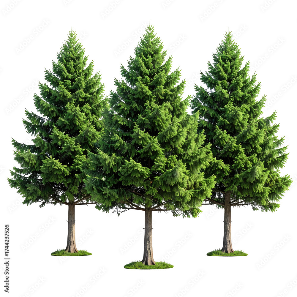 Obraz premium Three vibrant evergreen trees with lush green foliage, standing isolated against a black backdrop