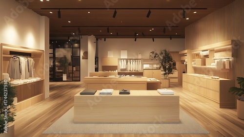 Interior display with clothing and modern wooden fixtures & plant in light ambience
