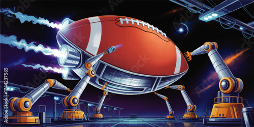 Futuristic Spacecraft in Shape of Football Assembled by Robotic Arms in Sci-Fi Space Hangar, Digital Illustration