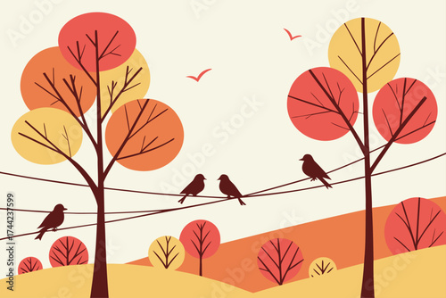 Birds perched on a telephone wire in a vibrant autumn scene