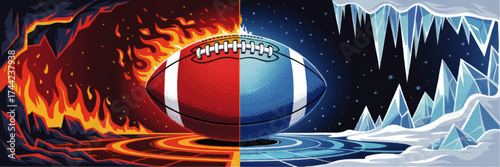 Fiery vs Icy Football Showdown Vector Illustration – Split Field Concept with Flames and Ice, Dramatic Sports Background