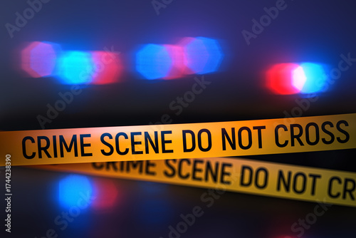 Closeup view of yellow crime scene tape with police car lights flashing in the background at night. Focus on the tape with bokeh, blur and lens glow creating dramatic investigation mood