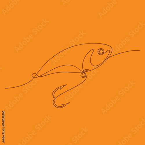 Minimalist line drawing of a fish with a fishing hook on an orange emphasizing simplicity and aquatic life