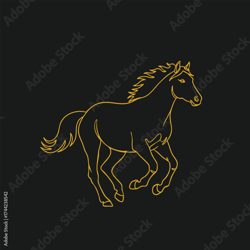 Elegant gold outline of a galloping horse on a dark , emphasizing movement and grace in a minimalist style