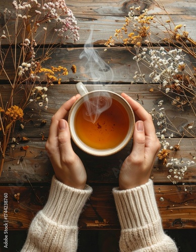 Hands holding a steaming cup of tea on a table with dried flowers