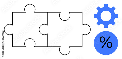 Two interlocked puzzle pieces beside a blue gear and percentage icon symbolizing collaboration, problem-solving, and data analysis. Ideal for teamwork, strategy, planning, efficiency, integration