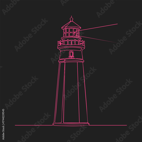 Minimalist outline of a classic lighthouse with a detailed lantern room and surrounding balcony on a dark