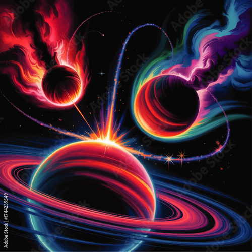 Vibrant Cosmic Collision Digital Art – Colorful Planets and Rings, Energetic Explosion, Futuristic Space Illustration