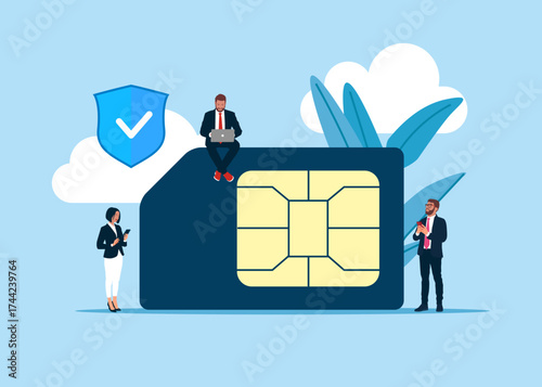 Business team with mobile sim card, mobile phone communication scheme. Microcircuit. Connectivity, compatibility, and mobility. Flat vector illustration