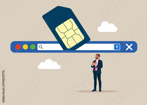 Mobile sim card, microcircuit on search bar. Connectivity, compatibility, and mobility. 
Modern vector illustration in flat style