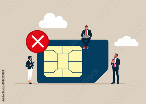 SIM card with red cross sign blocked. Microchip for mobile communication. Flat vector illustration.