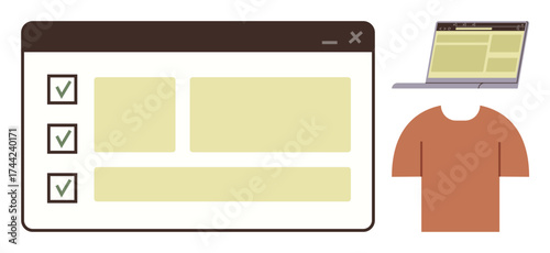 Browser window with checkboxes, laptop screen, and plain t-shirt. Ideal for productivity, task tracking, online shopping, digital design, website management, e-commerce simple flat metaphor