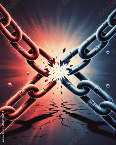 Breaking Chains Abstract Concept – Red and Blue Metallic Chains Shattering with Energy Burst, Symbolizing Freedom, Conflict, and Power