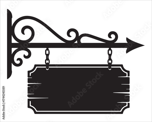 Vintage hanging signboard silhouette with ornate wrought iron holder and wooden blank board, decorative vector illustration isolated on white background, ideal for shop, cafe, or logo design