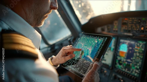 A pilot studies flight data on a tablet in the cockpit, preparing for takeoff, emphasizing precision and technology.