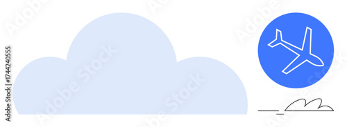 Airplane silhouette inside a blue circle next to clouds in a simple flat style. Ideal for travel, aviation, flight, weather forecast, transportation, tourism, and logistics themes. Simple flat