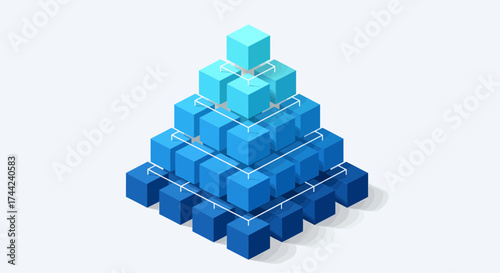 Hierarchy Pyramid Of Isometric Blue Cubes Connected By White Lines