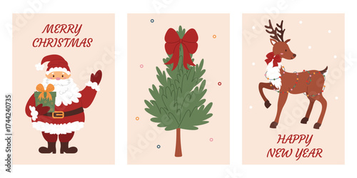Collection of Merry Christmas and Happy New Year postcards. Traditional cozy winter elements for holidays. New Year and Christmas decorations. Colored flat vector illustrations.