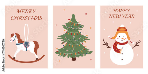 Collection of Merry Christmas and Happy New Year postcards. Traditional cozy winter elements for holidays. New Year and Christmas decorations. Colored flat vector illustrations.