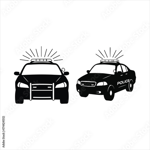 Two silhouette police cars with flashing lights for law enforcement and security services
