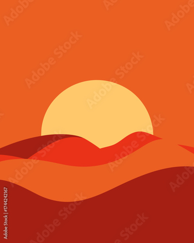 Vibrant desert landscape at sunset with warm orange hues and rolling dunes
