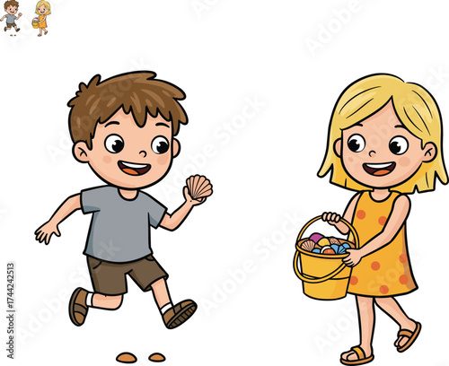 Children playing with seashells and Easter eggs, joyful outdoor activity, cartoon vector illustration for beach fun, spring celebration, and childhood happiness
