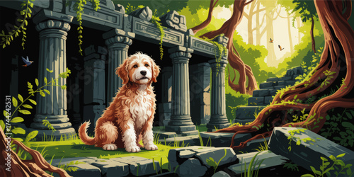 Adorable Dog Sitting Among Ancient Ruins in Enchanted Jungle, Digital Art Illustration with Lush Greenery and Sunlit Trees