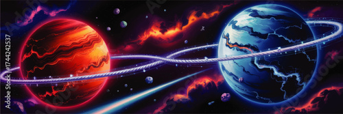 Vibrant Futuristic Space Art with Twin Planets, Neon Rings, Colorful Nebulae, and Asteroids in Deep Cosmos Fantasy Illustration