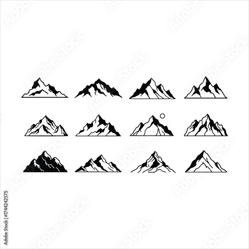 Collection of stylized mountain peaks silhouettes for outdoor adventure and travel designs