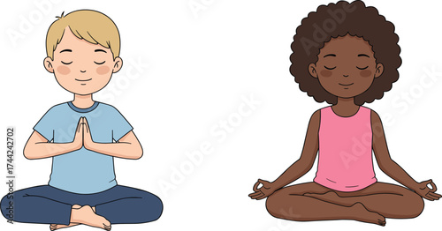 Children meditating in yoga pose, mindfulness and relaxation concept, peaceful lifestyle vector illustration for wellness, calm, and emotional balance