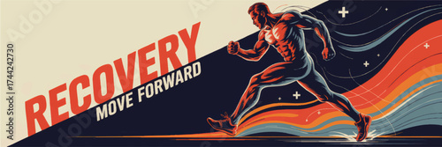 Dynamic Fitness Recovery Motivation Poster, Muscular Athlete Running Forward, Colorful Energy Waves, Inspiration Concept Art