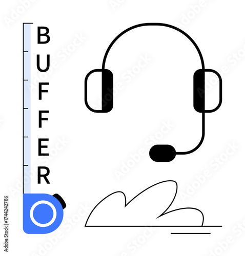 Headset for communication, buffer loading bar, abstract wave. Ideal for customer service, technical support, technology, internet, communication call centers scalability. Clean simple flat