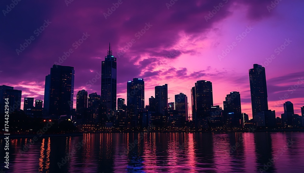 Obraz premium Nighttime Urban Skyline with Reflected Lights and Vivid Purple Sky Horizon View