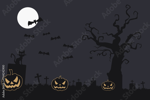 Cat on a tombstone in a cemetery filled with glowing  Jack O'Lanterns