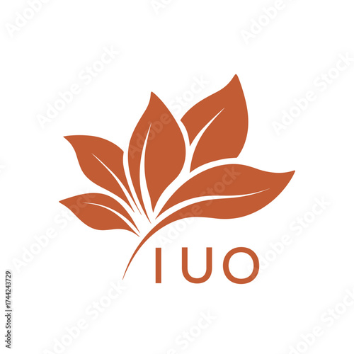Botanical Nature Logo with Leaves in Brown, IUO Later Logo, Elegant Plant Emblem with Typography, 
