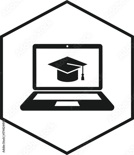Black icon of a laptop with a graduation cap on screen inside a hexagon on a cream background