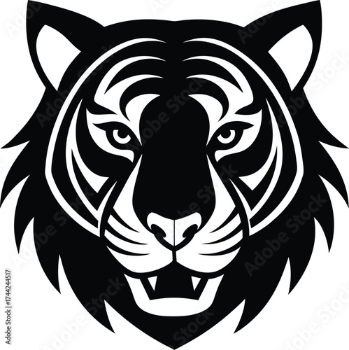This vector illustration features a powerful wild tiger head tattoo design with a tribal silhouette, embodying feline power and nature's predatorThis vector illustration features a powerful wild tiger