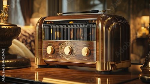 Vintage wooden radio with chrome accents on a polished table