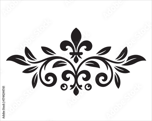 Elegant floral ornament with fleur-de-lis centerpiece, decorative vintage vector design featuring swirls, leaves, and curves in classic black silhouette style isolated on white background