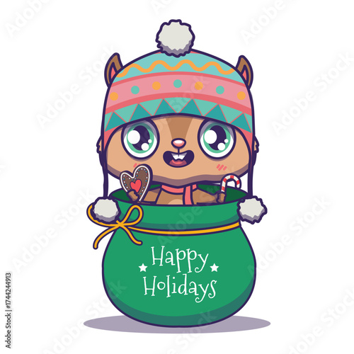 Cute festive squirrel with a colorful warm hat