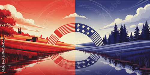 Divided American Landscape Illustration: Red vs Blue Political Concept, Rural Nature, Patriotic Colors, Reflection, Vector Art