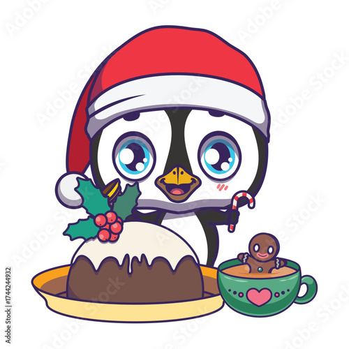 Illustration of a cute penguin with traditional Christmas feast