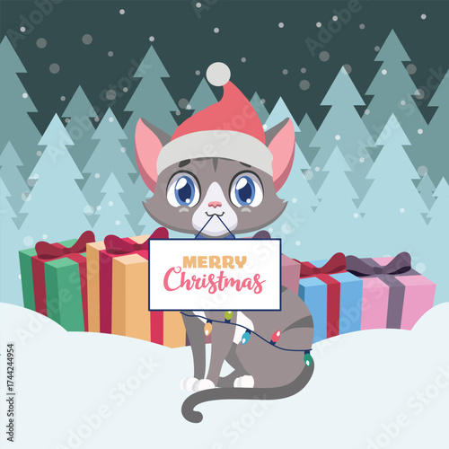 Illustration of a happy cat with a Santa hat and Christmas setting