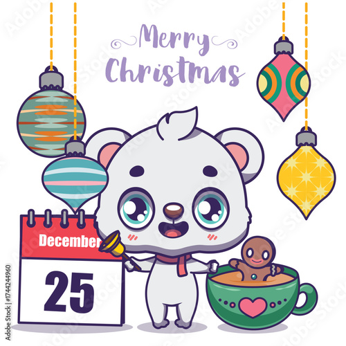 Illustration of a cute happy polar bear with Christmas elements